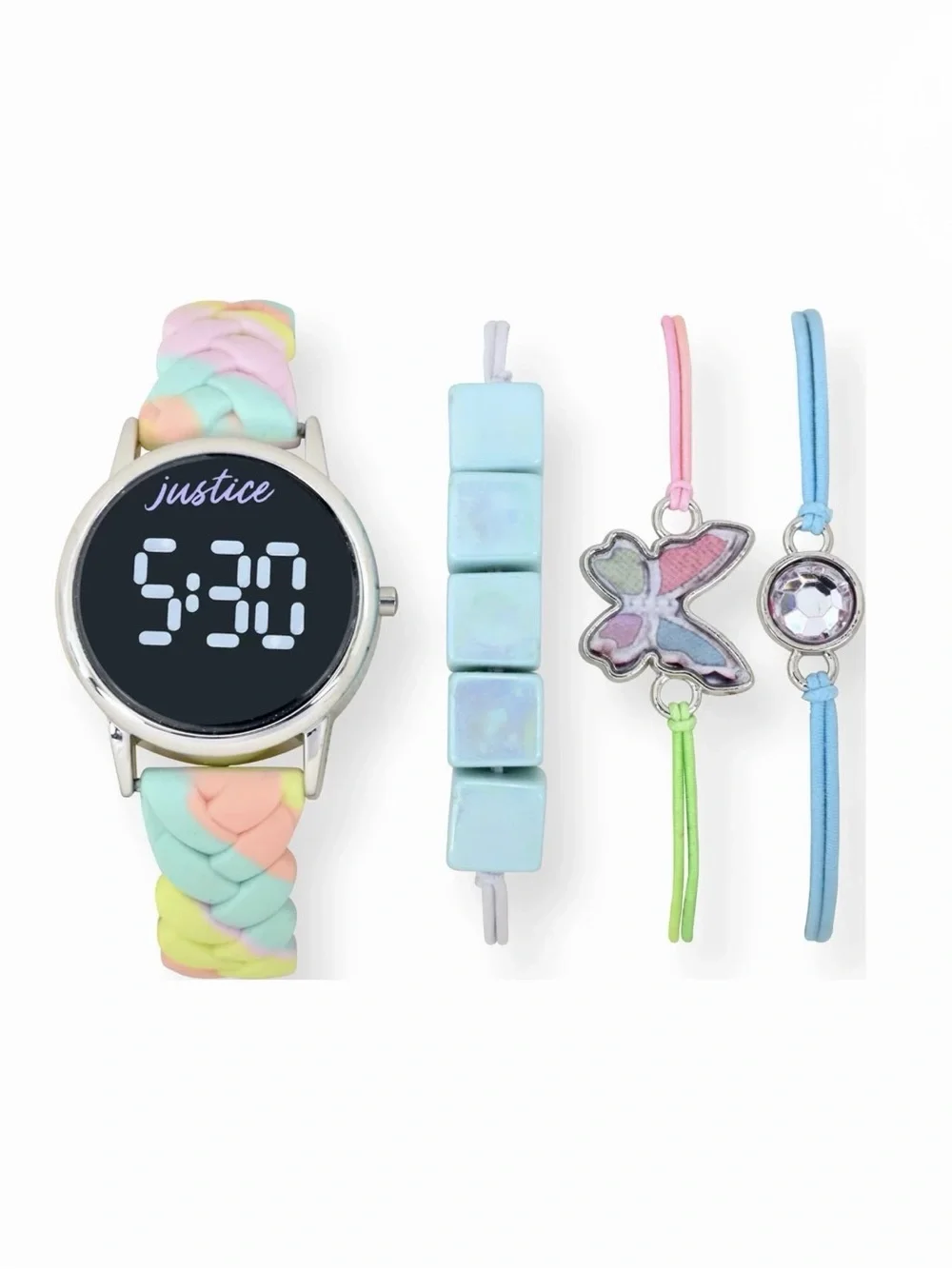 Justice Watch Set with Matching Braided Strap and Butterfly Bracelet - 4 Piece